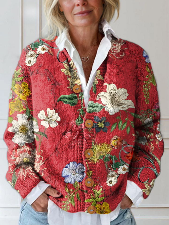 Cardigan vintage con stampa artistica floreale e bottoni