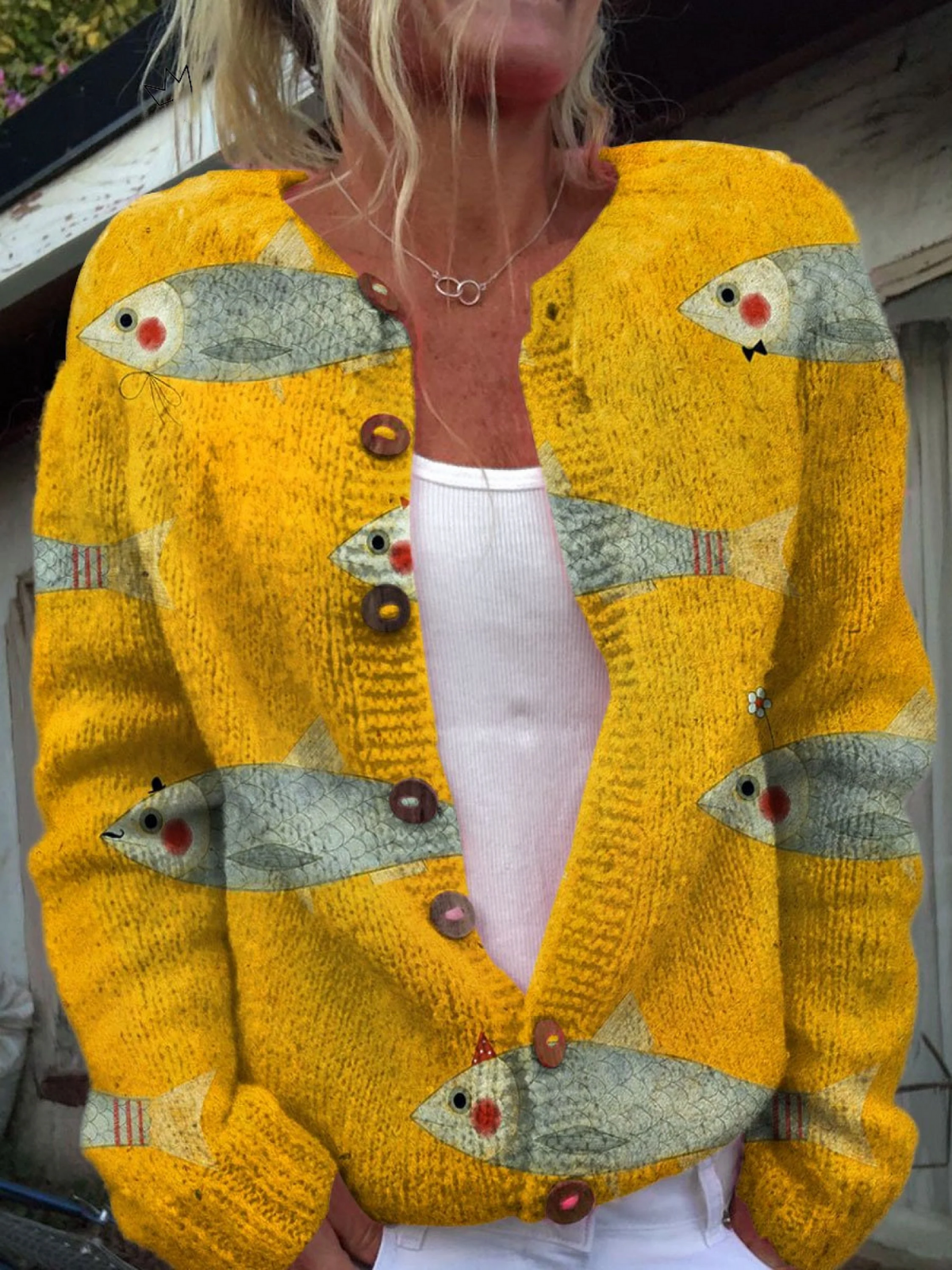 Cardigan vintage con stampa artistica di pesci e sardine e bottoni