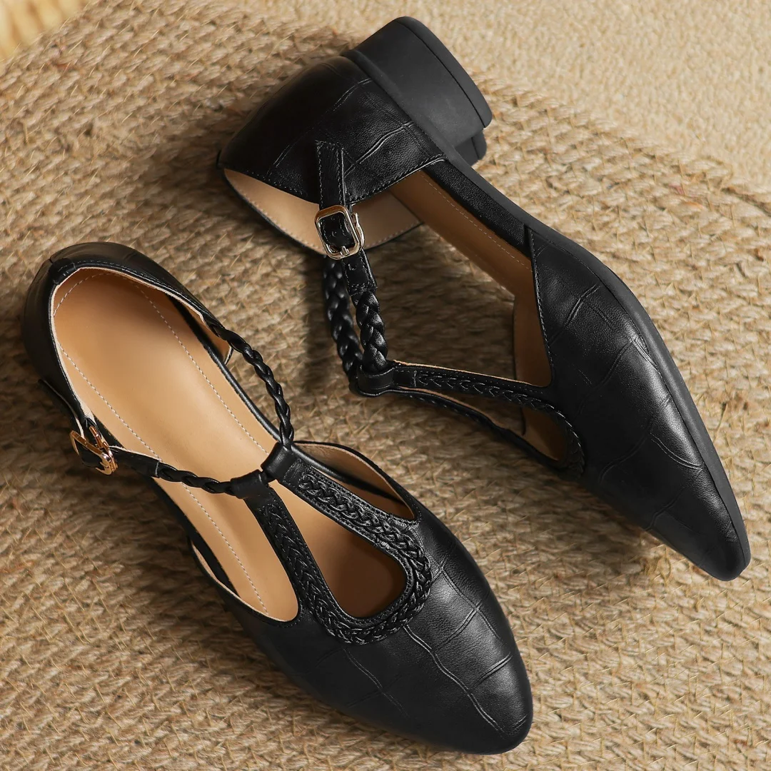 Greta - Scarpe classiche con barra a T in pelle con dettaglio intrecciato