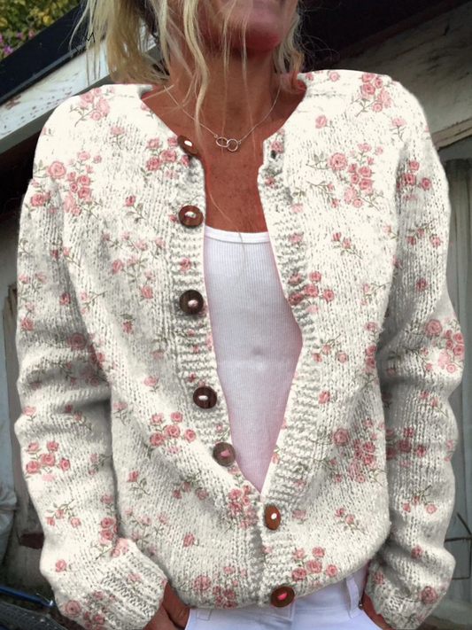 Cardigan con stampa rose rosa e bottoni