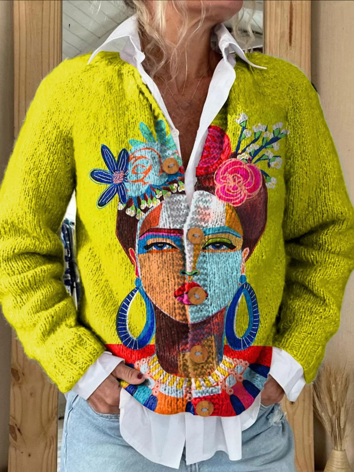 Cardigan con stampa di ritratti dipinti e bottoni