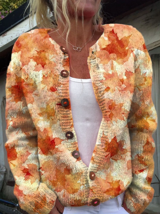 Cardigan autunnale con stampa artistica di foglie d'acero e bottoni