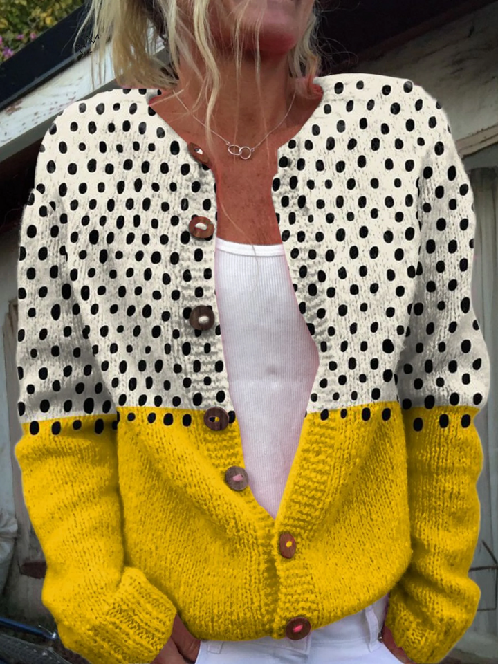 Cardigan giallo a pois con stampa e bottoni