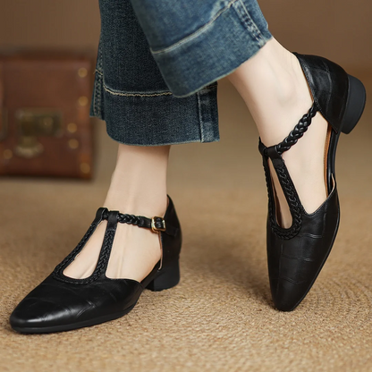 Greta - Scarpe classiche con barra a T in pelle con dettaglio intrecciato