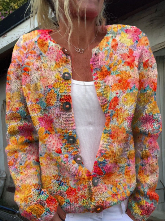 Cardigan casual con stampa floreale e bottoni