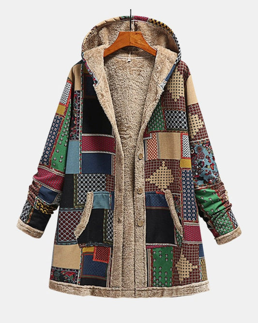 Autumn Accogliente felpa con cappuccio patchwork nei toni della terra